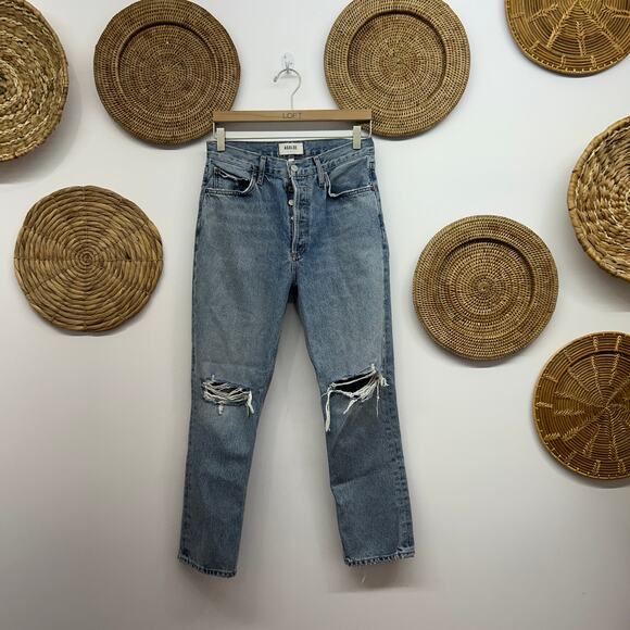 $208 AGOLDE Revolve Button Fly Distressed High Rise Crop Riley Jeans Denim 27 - Picture 1 of 7